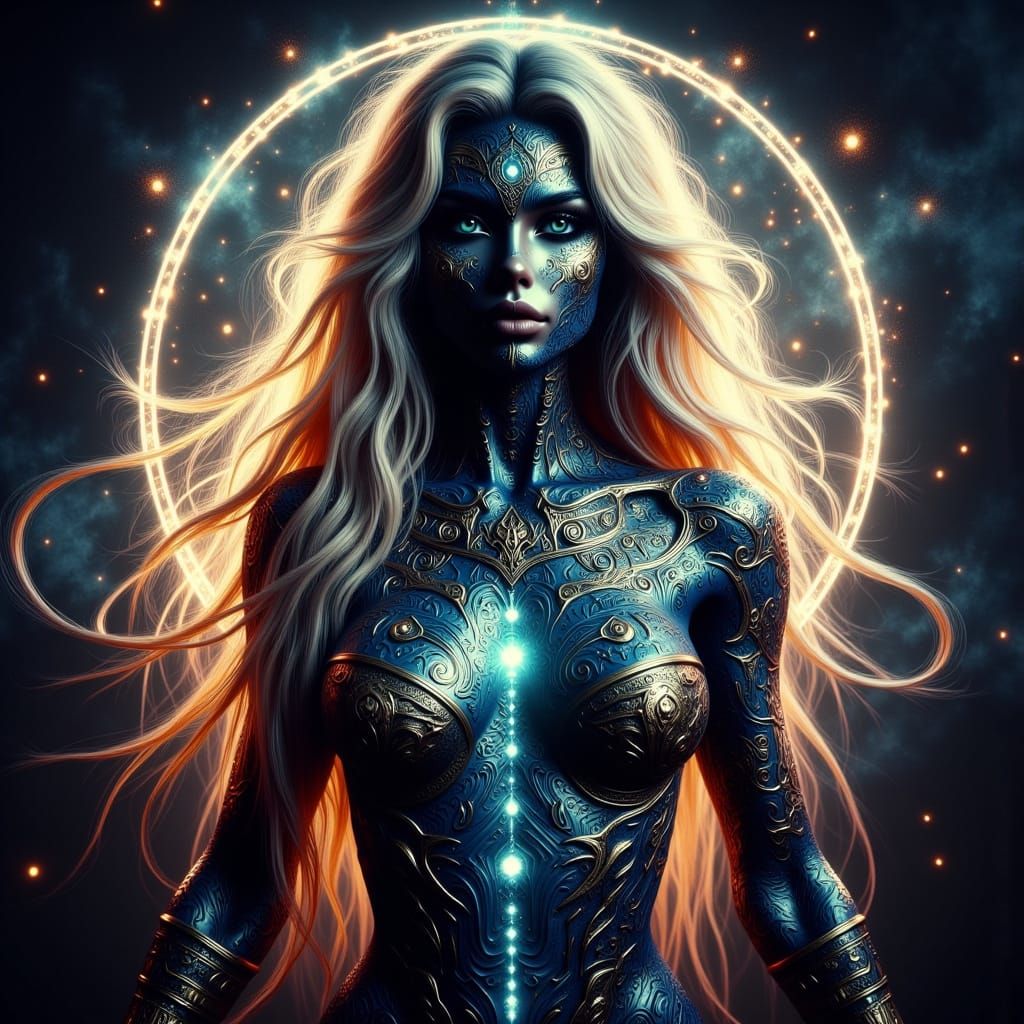 Stunning Amazon Warrior in Glowing Tattoos and Runes, 3D Ren...