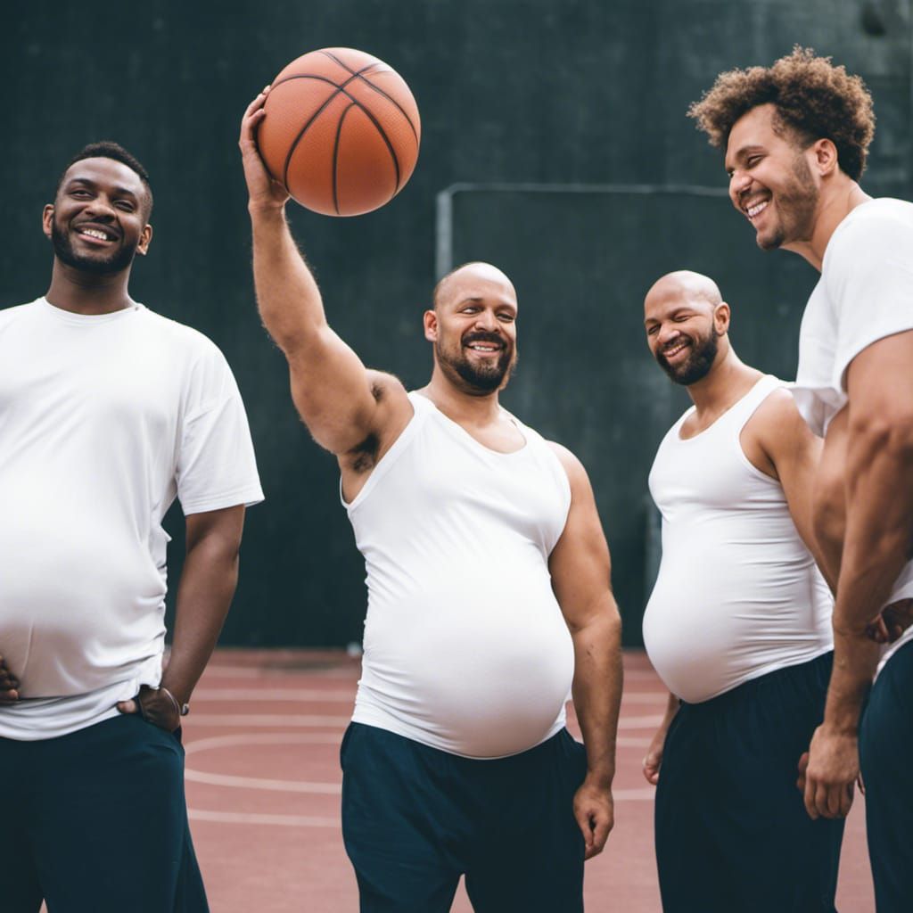 Humorous Image of Pregnant Men Playing Basketball