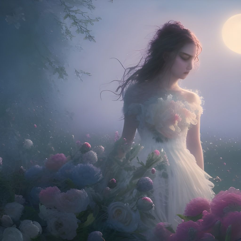 Sad eyed girl, moon in background, wavy hair, flowers around face,peonies, roses, baby’s breath,sparkles, lace