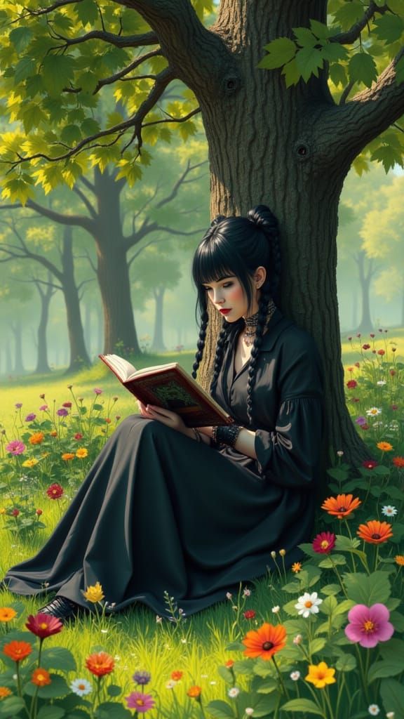 Gothic Woman Reading by Autumn Tree