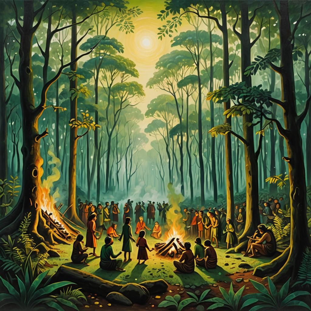 Mystical Forest Tribe Gathering: An Oil Painting