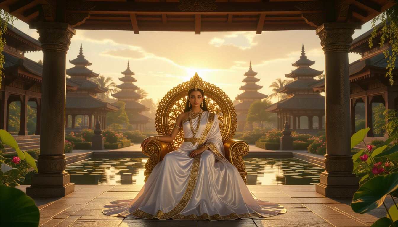 Royal Sinhalese Garden Scene at Sunrise: Hyperrealistic