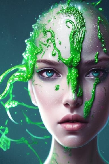 Woman in Green Slime: Hyperrealistic Portrait