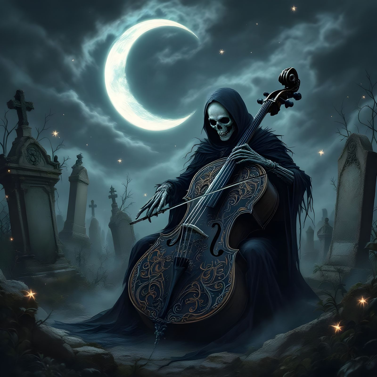 Gothic Death Plays Cello in Cemetery, Tim Burton Style