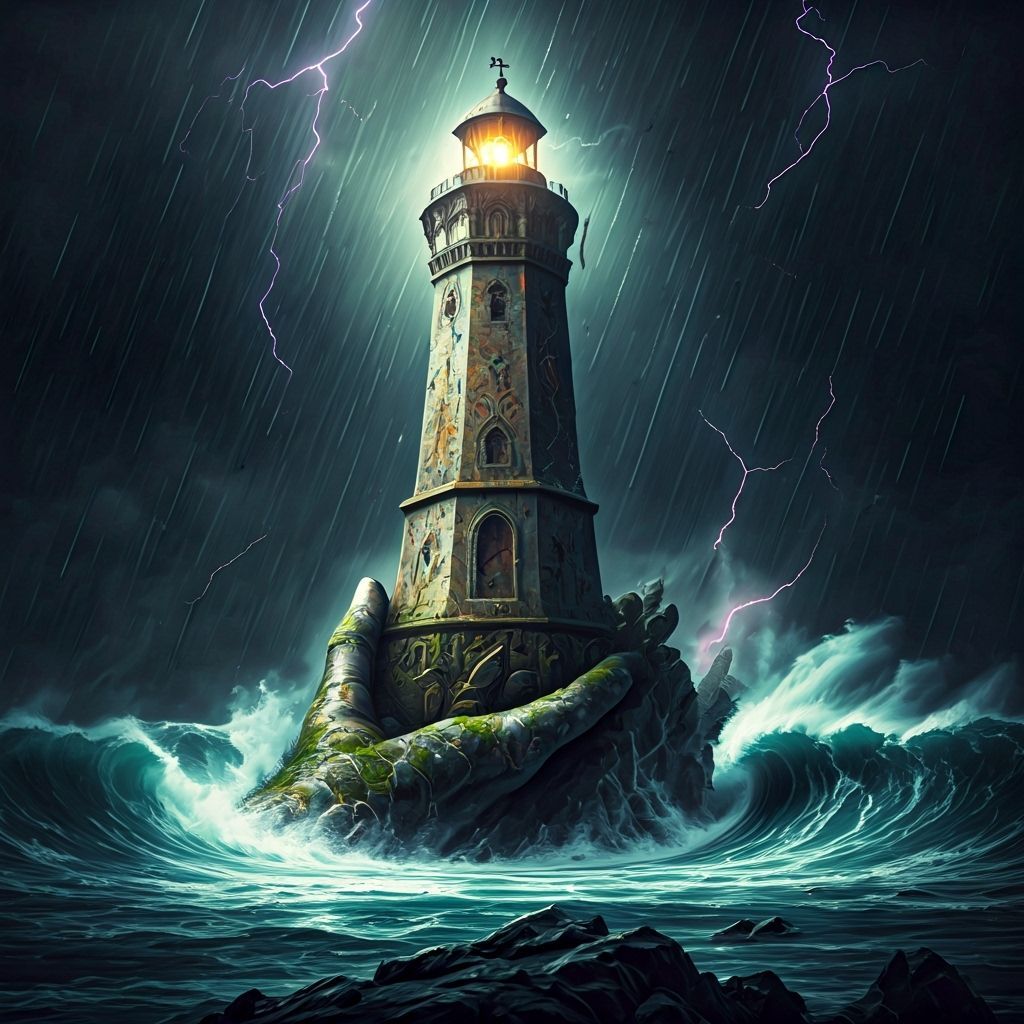 Gothic Lighthouse Gripped by Stone Hand in Storm