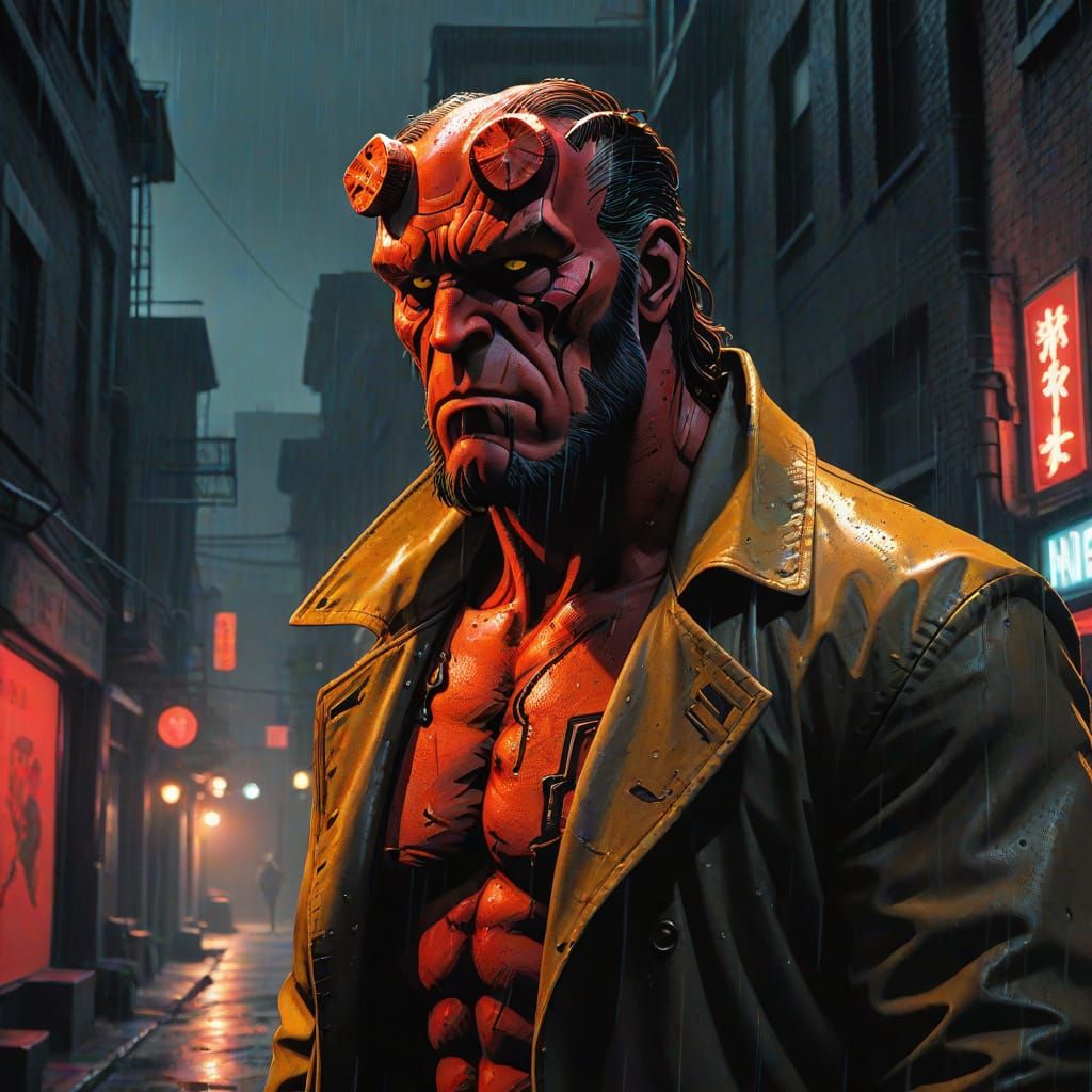 Hellboy in Dimly Lit Alleyway Digital Art