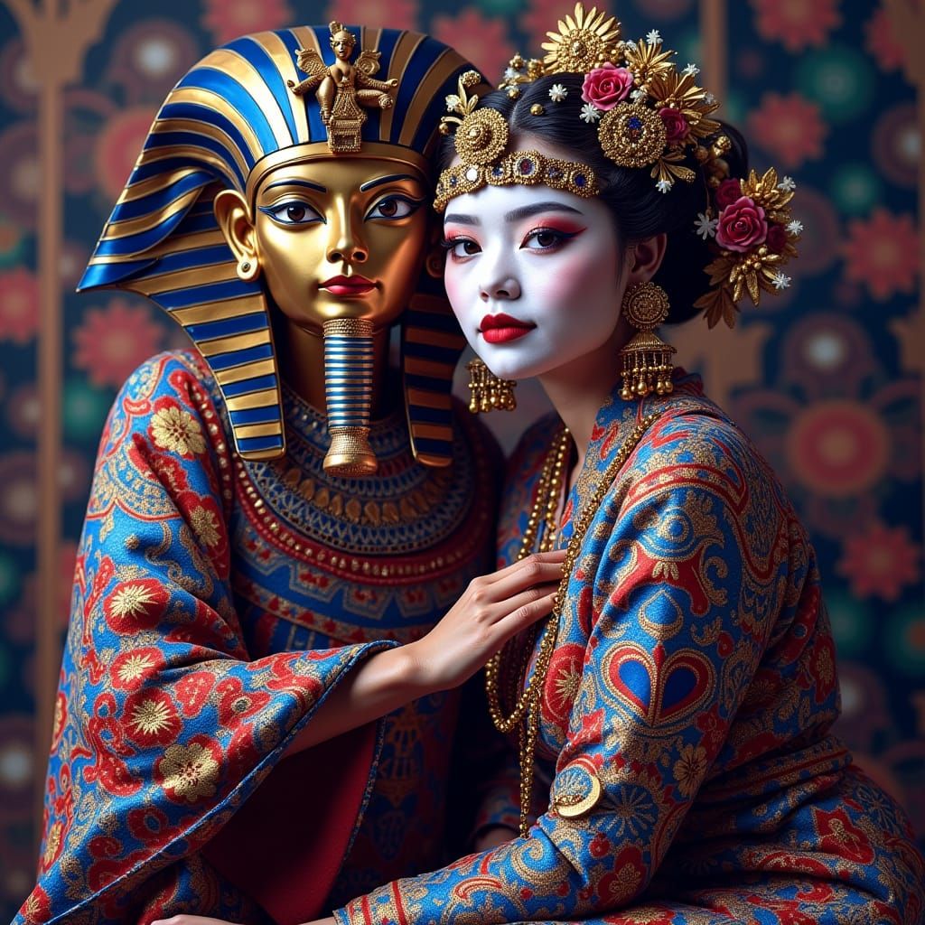 Harlequin Geisha Tutankhamun Full Body Photorealistic