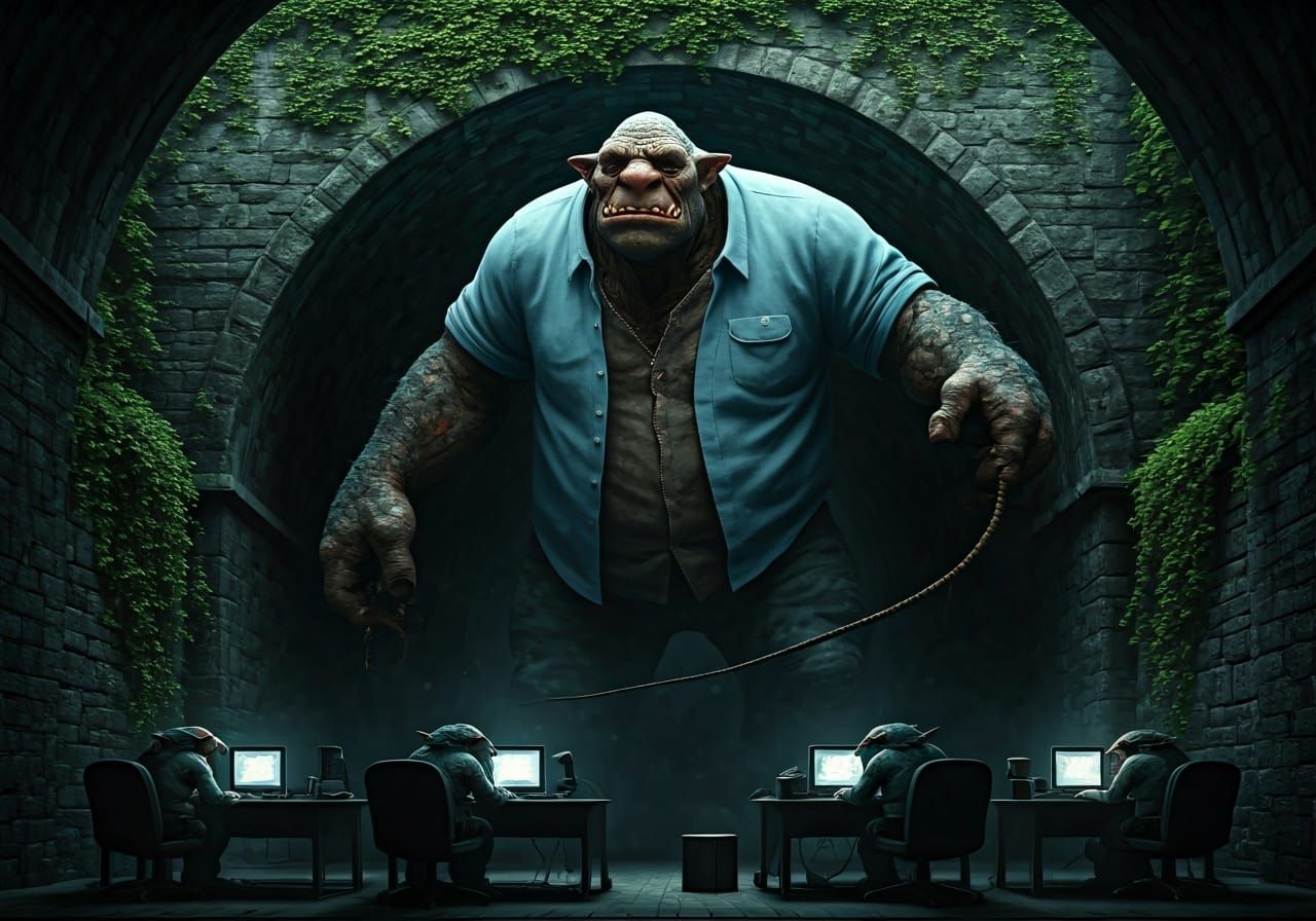 Gigantic Troll Overseeing Computer Lab Under Bridge