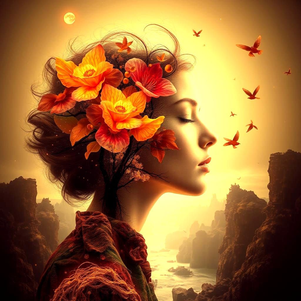 Surreal Botanical Dreamscape with Translucent Grids