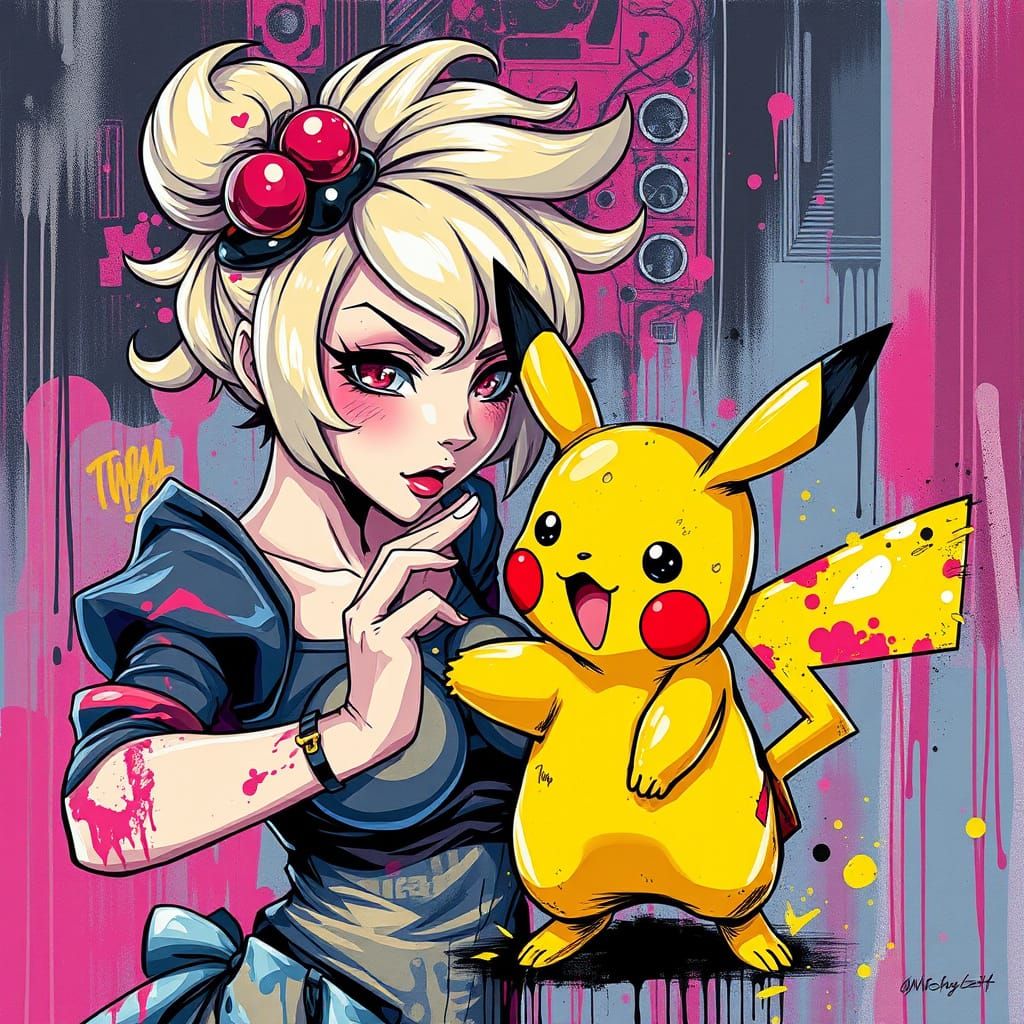 Graffiti Style Anime Crossover: Bulma Slaps Pikachu