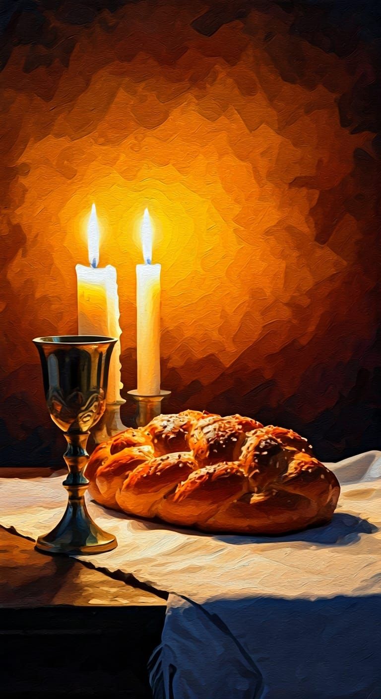 Shabbat Candles, Challah and Chalice in Oil Painting Style