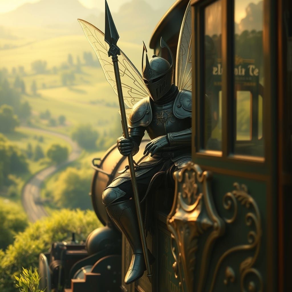 Fairy Knight on Vintage Train in Fantasy Landscape