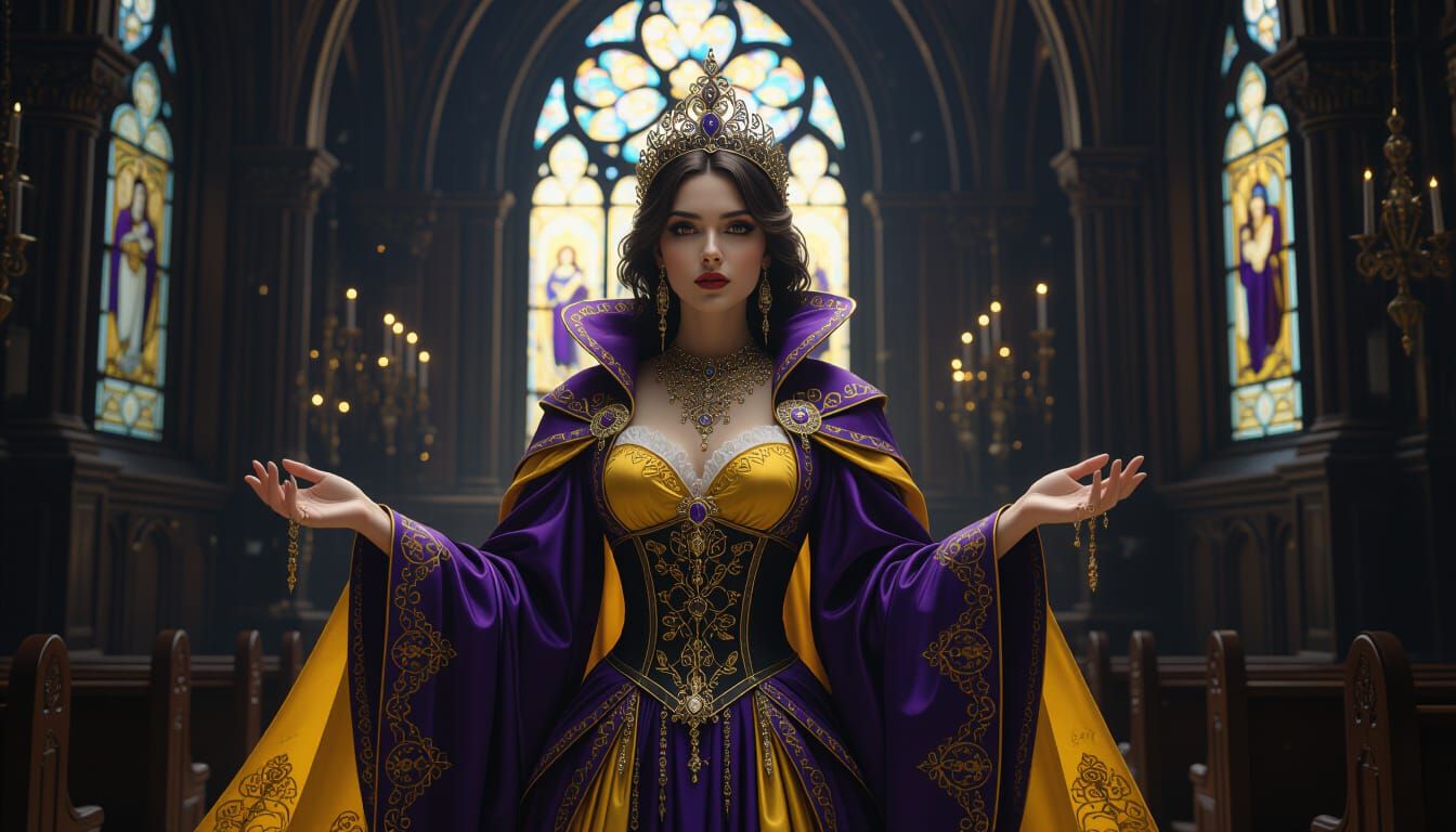Dark Fantasy Woman in Ornate Attire in Mystical Church