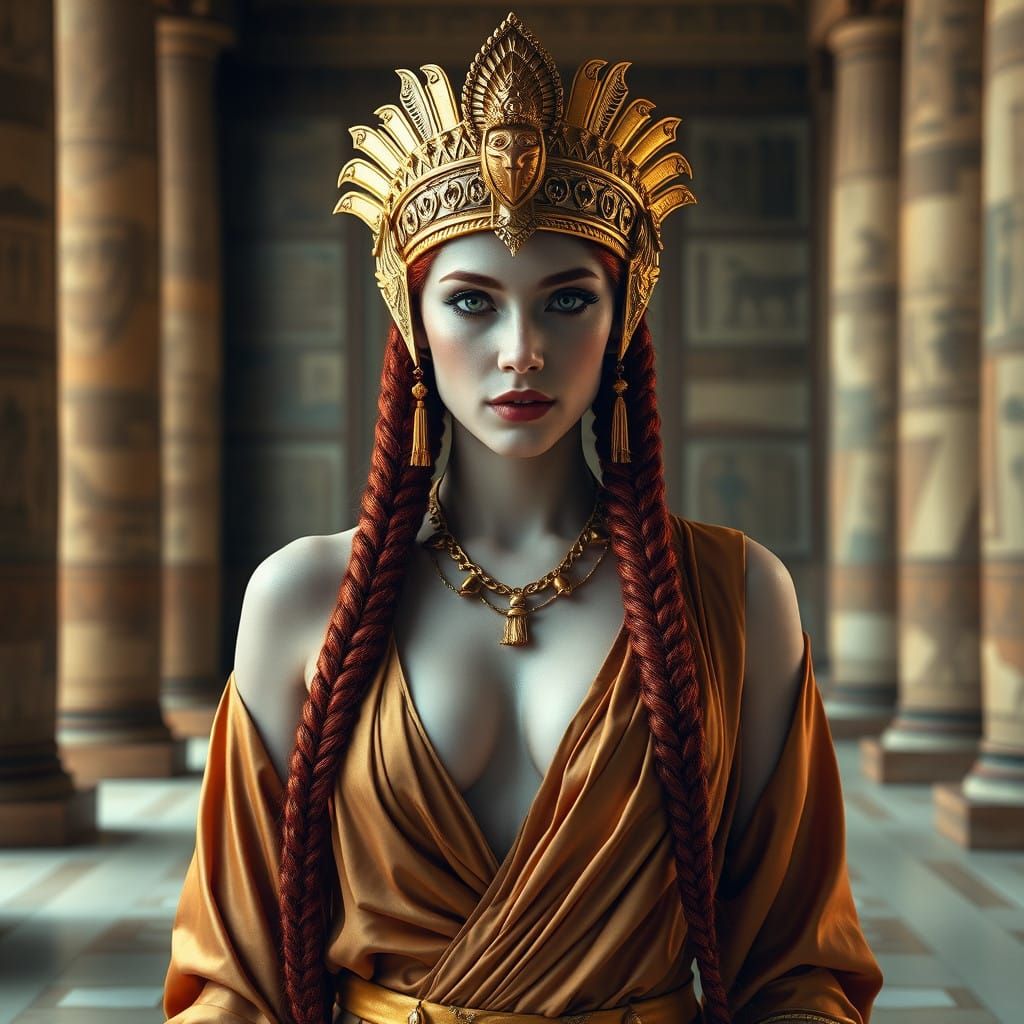 Egyptian Goddess Princess in Golden Headdress and Silk Robes