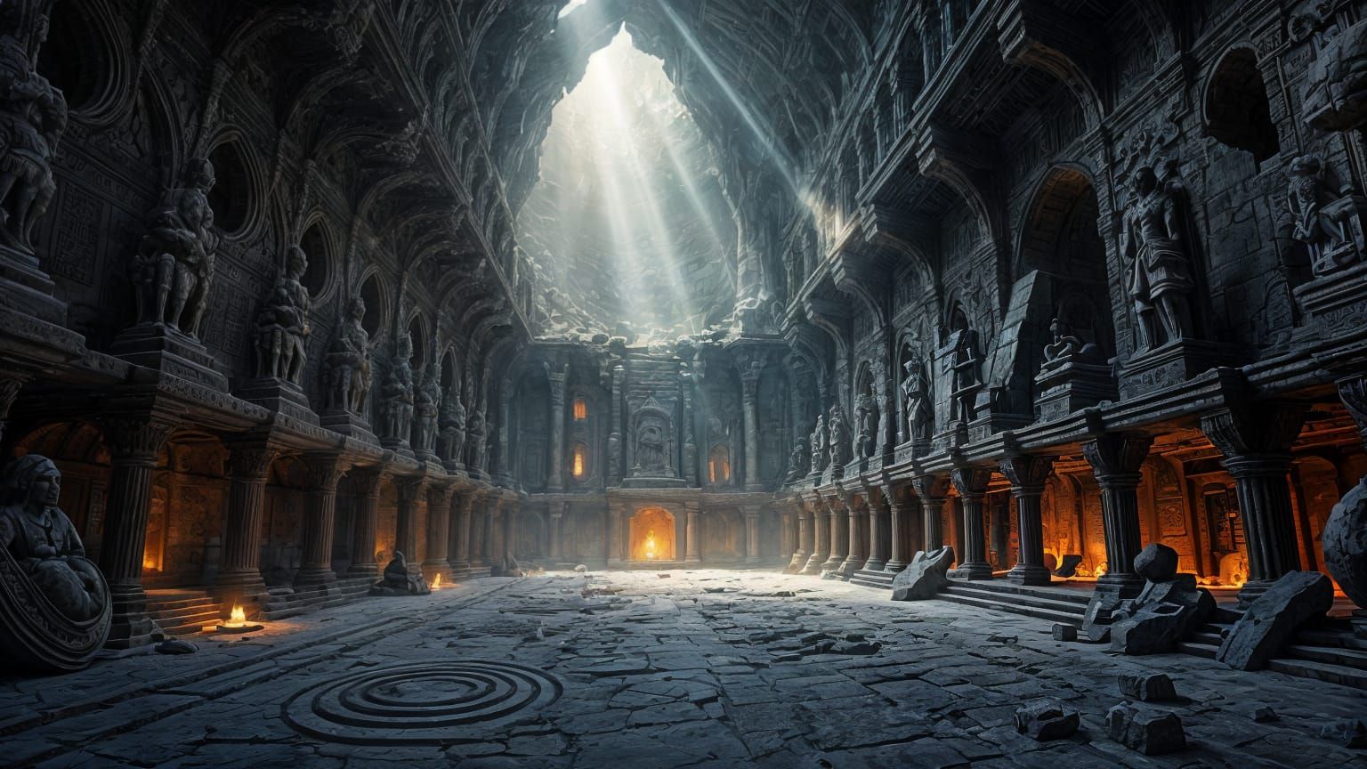 Lost Dwarven City Carved in Mountain, Dark Majestic Tone