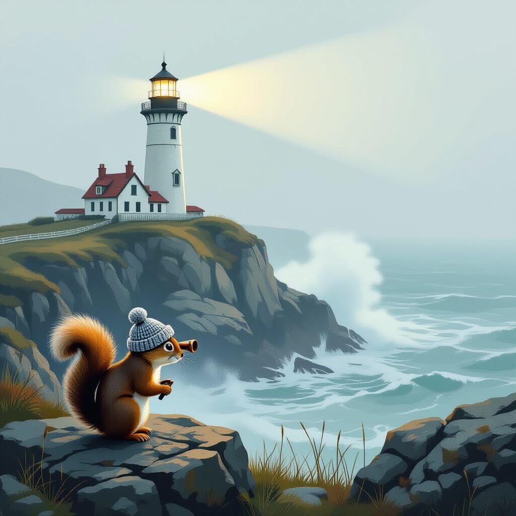 Majestic Lighthouse and Squirrel in Vintage Painting Style