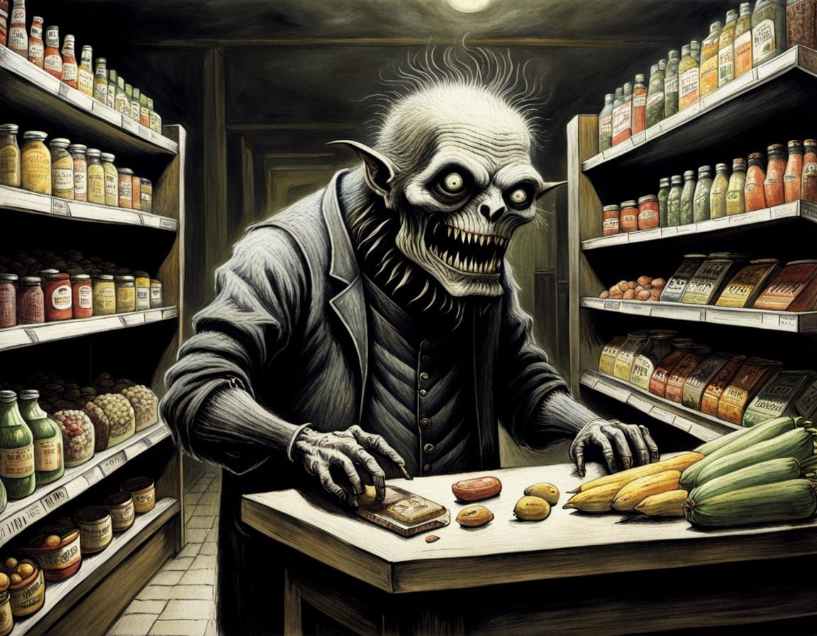 Monster Supermarket Shopper in Expressionist Style