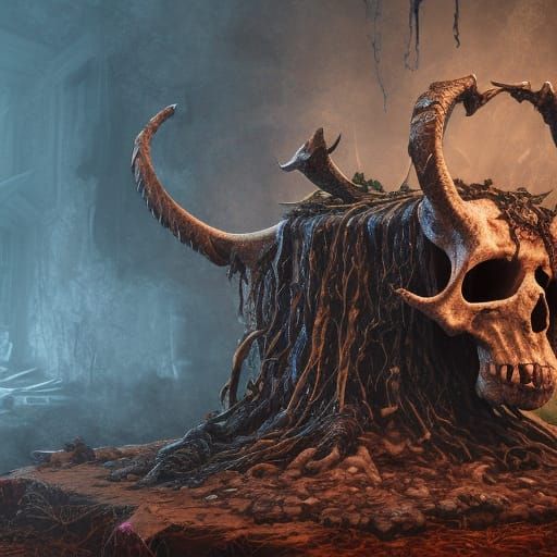Rotting Zombie Goat Skulls on Altar, Detailed Matte Painting