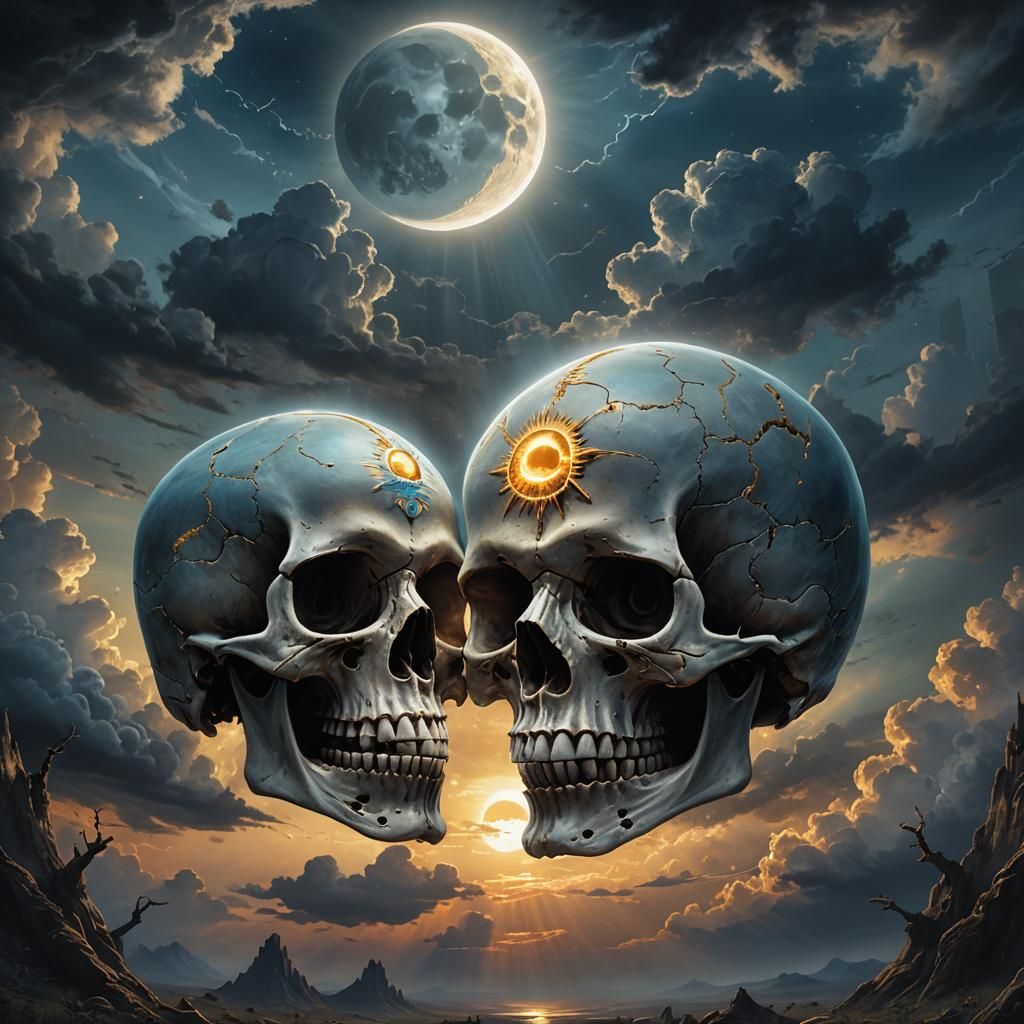 Skulls with Sun and Moon Symbols in Eerie Sky
