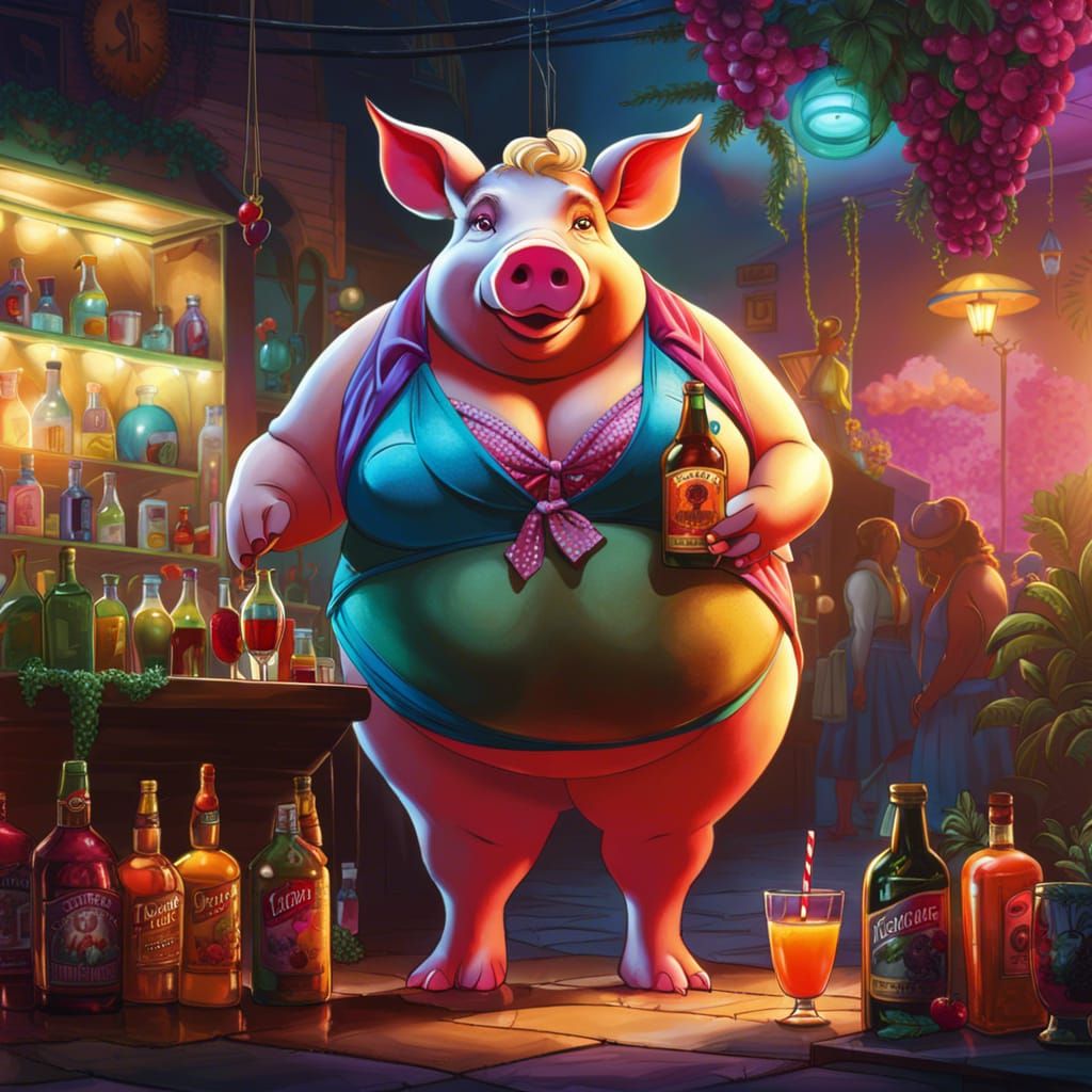 Obese Pig in Bikini Drinking Cocktail: Graffiti Art