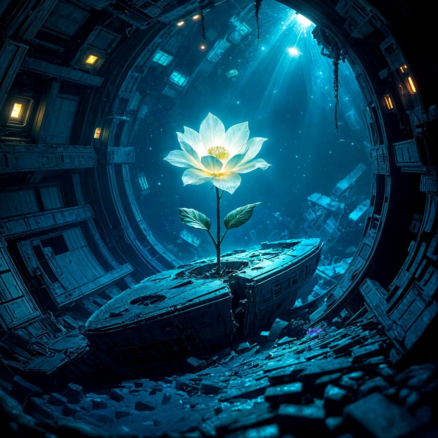 Bioluminescent Flower Blooms on Derelict Spaceship