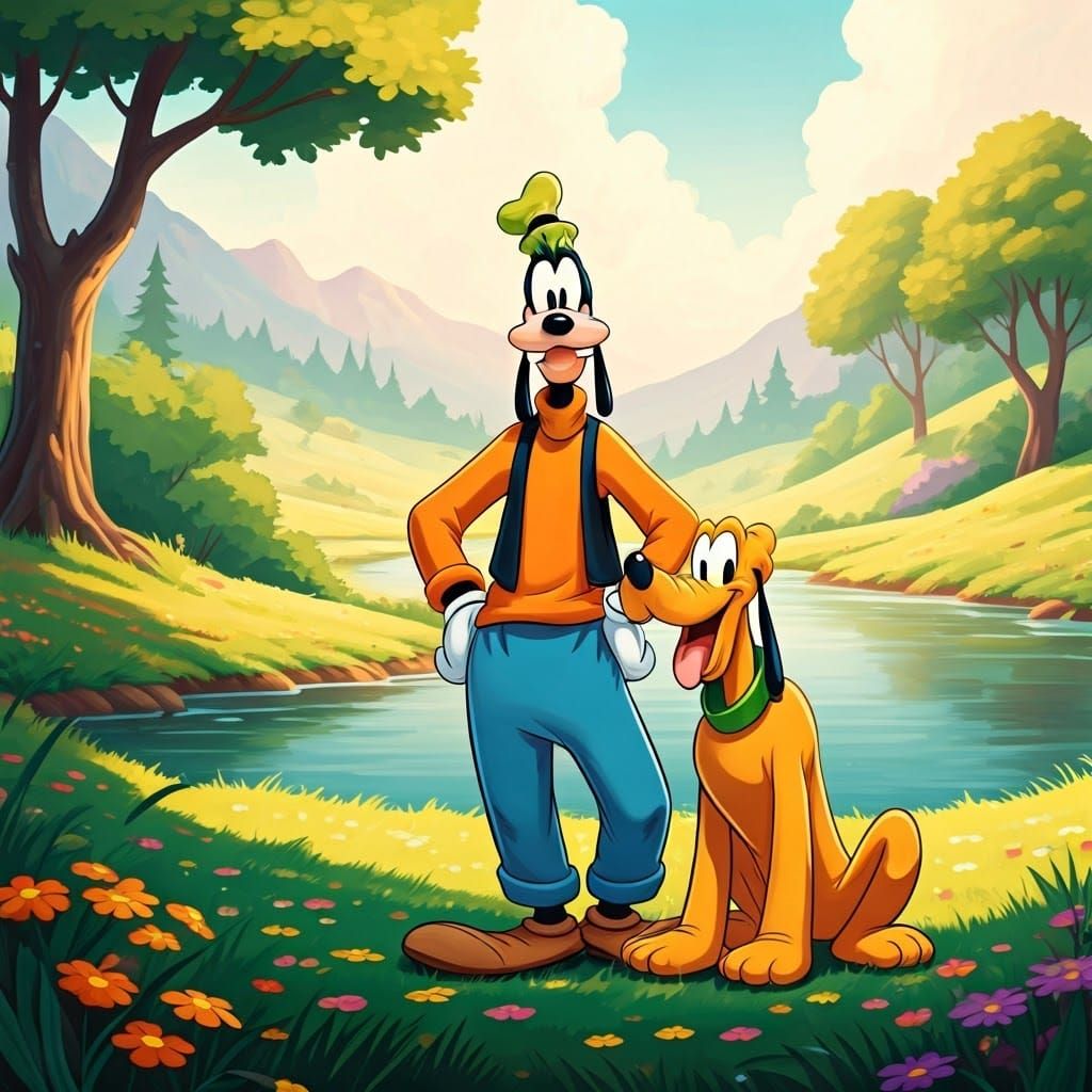 Goofy and Pluto in Sunny Meadow, Disney Style
