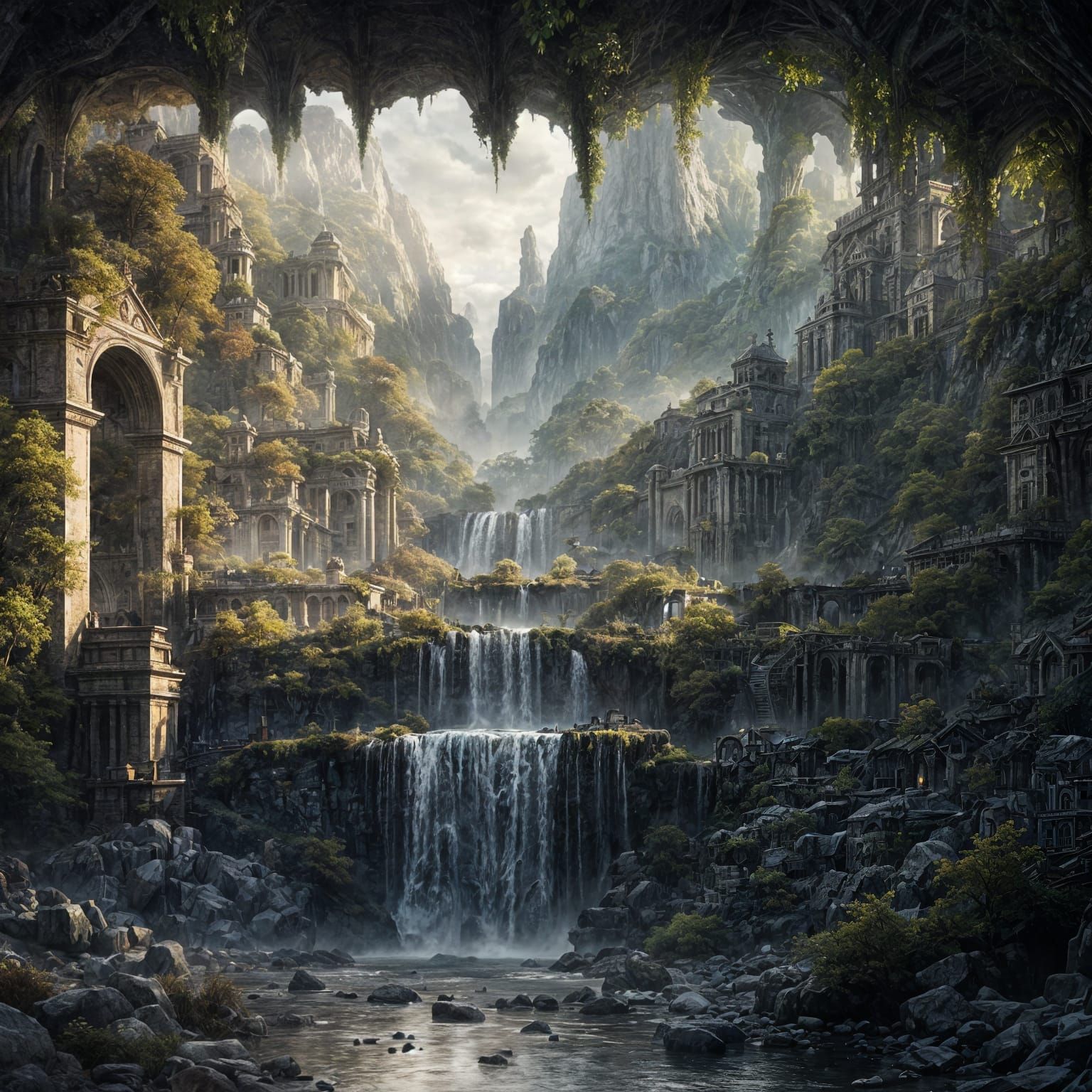 Secluded Waterfall Behind Crumbling Walls: Digital Matte Pai...