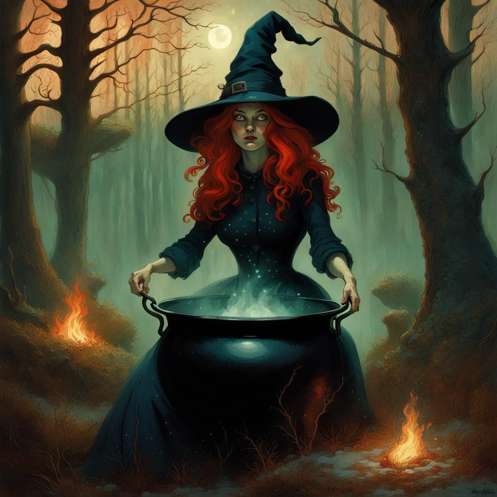 Woodland Witch Brews Potion in Dark Winter