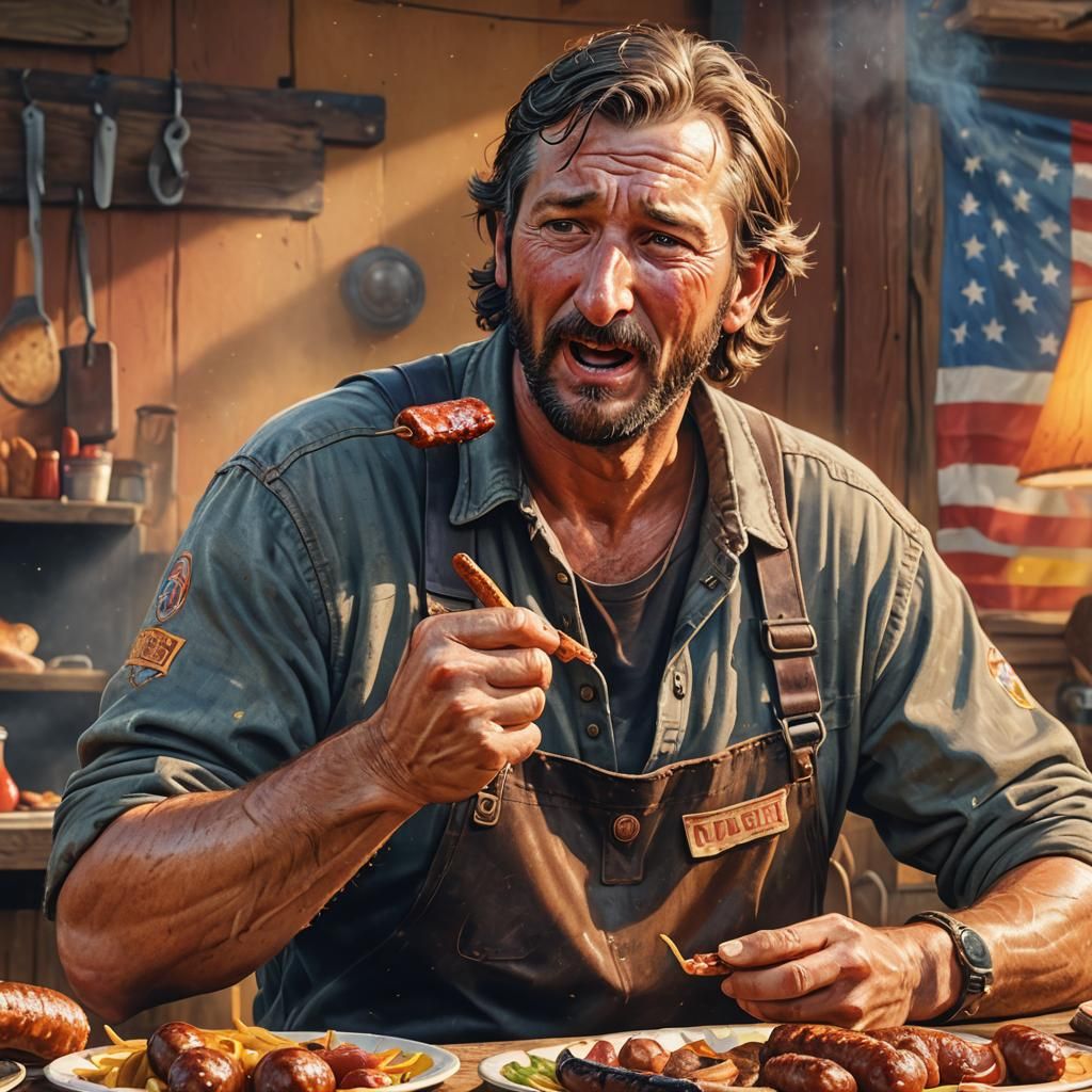 Hyperrealistic Redneck Eating Sausage, Detailed Digital Art