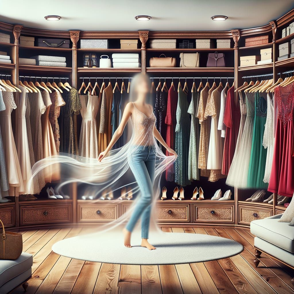 Woman in Lavish Closet Trying on Invisible Dresses in Air