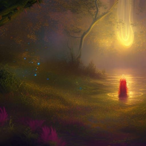 Enchanted Rainy Landscape with Fireflies in Fantasy Art