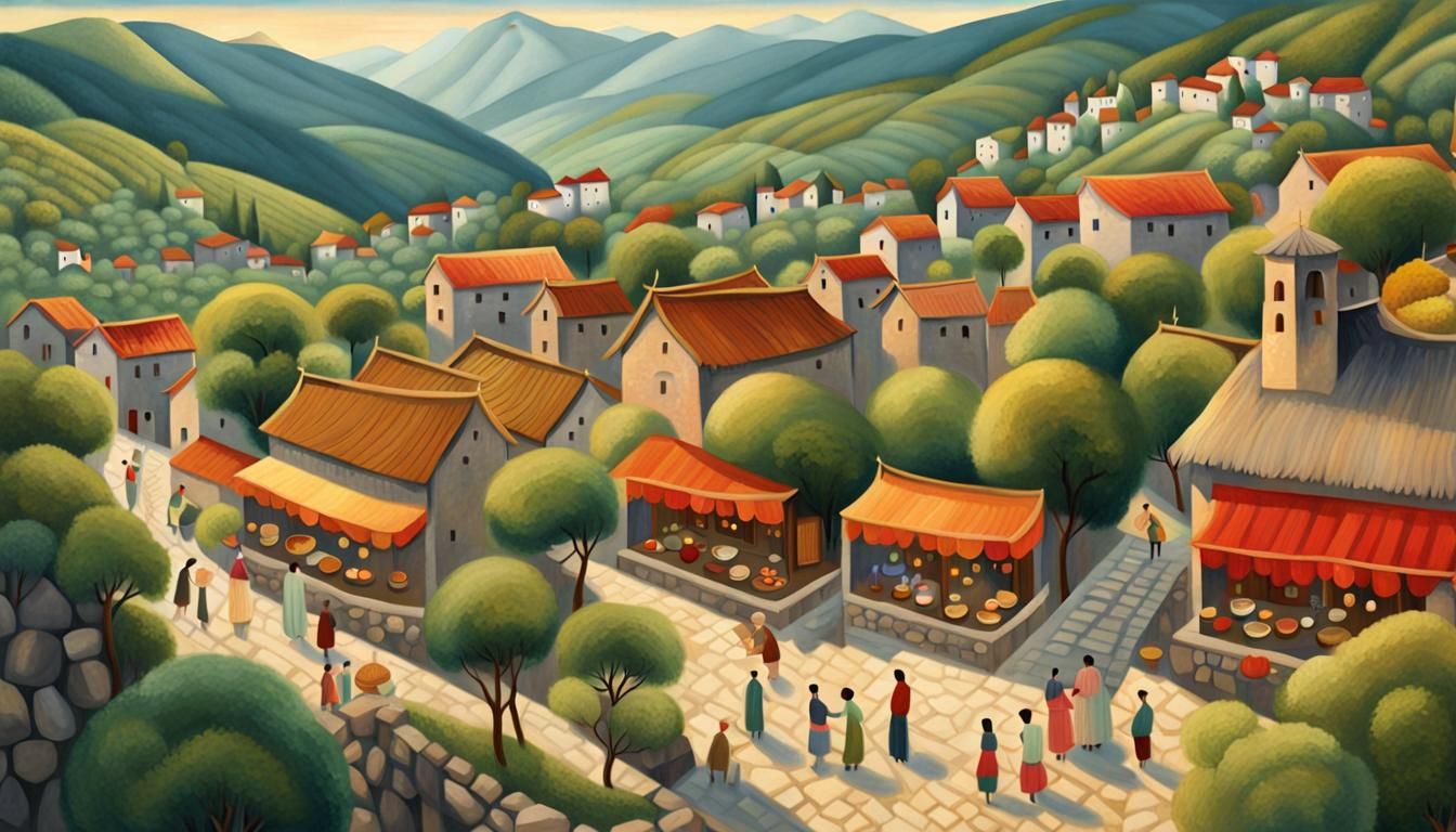 Mountain Village Summer Festival in Folk Art Style