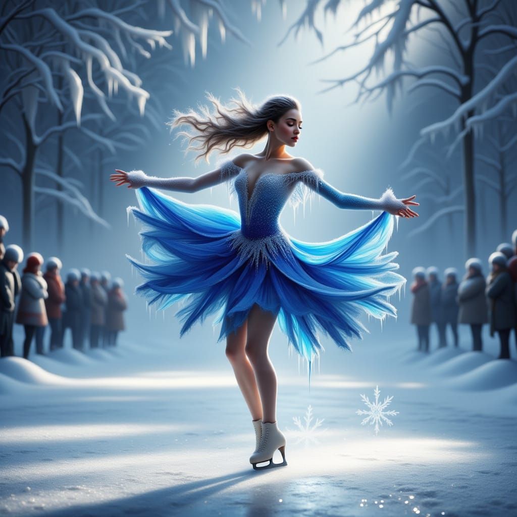 Graceful Figure Skater's Triple Axel in Sapphire Costume