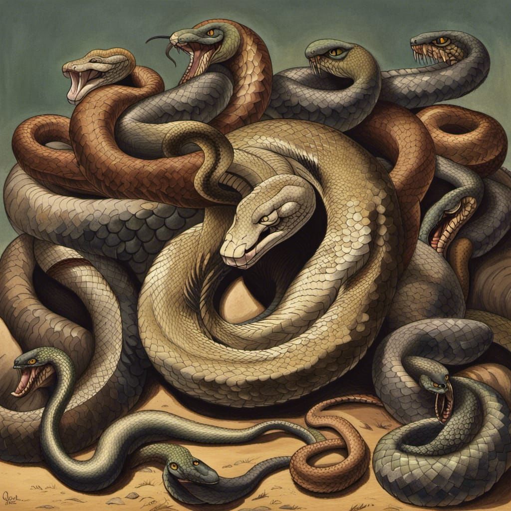 Colossal King Cobra with Crown Overlooking Bowing Snakes