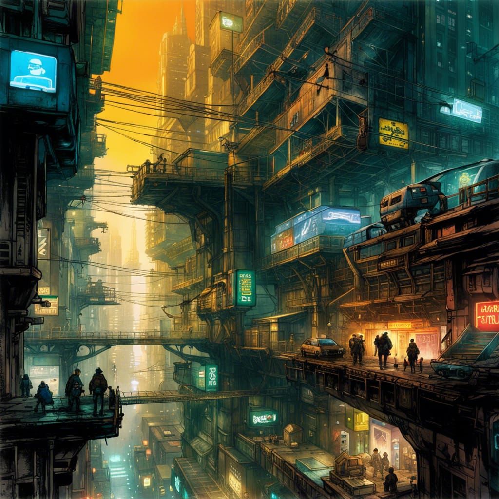 Cyberpunk Stacked City with Bridges and Walkways