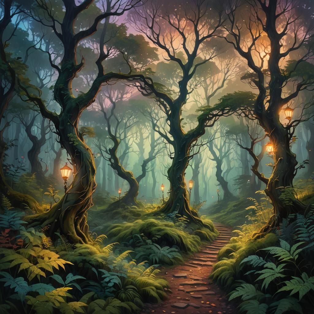 Mystic Forest at Dusk in Painterly Style