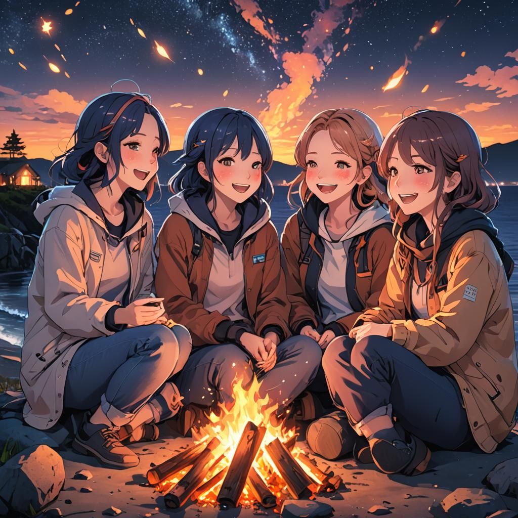 Neon Anime: Girls' Bonfire Under the Stars
