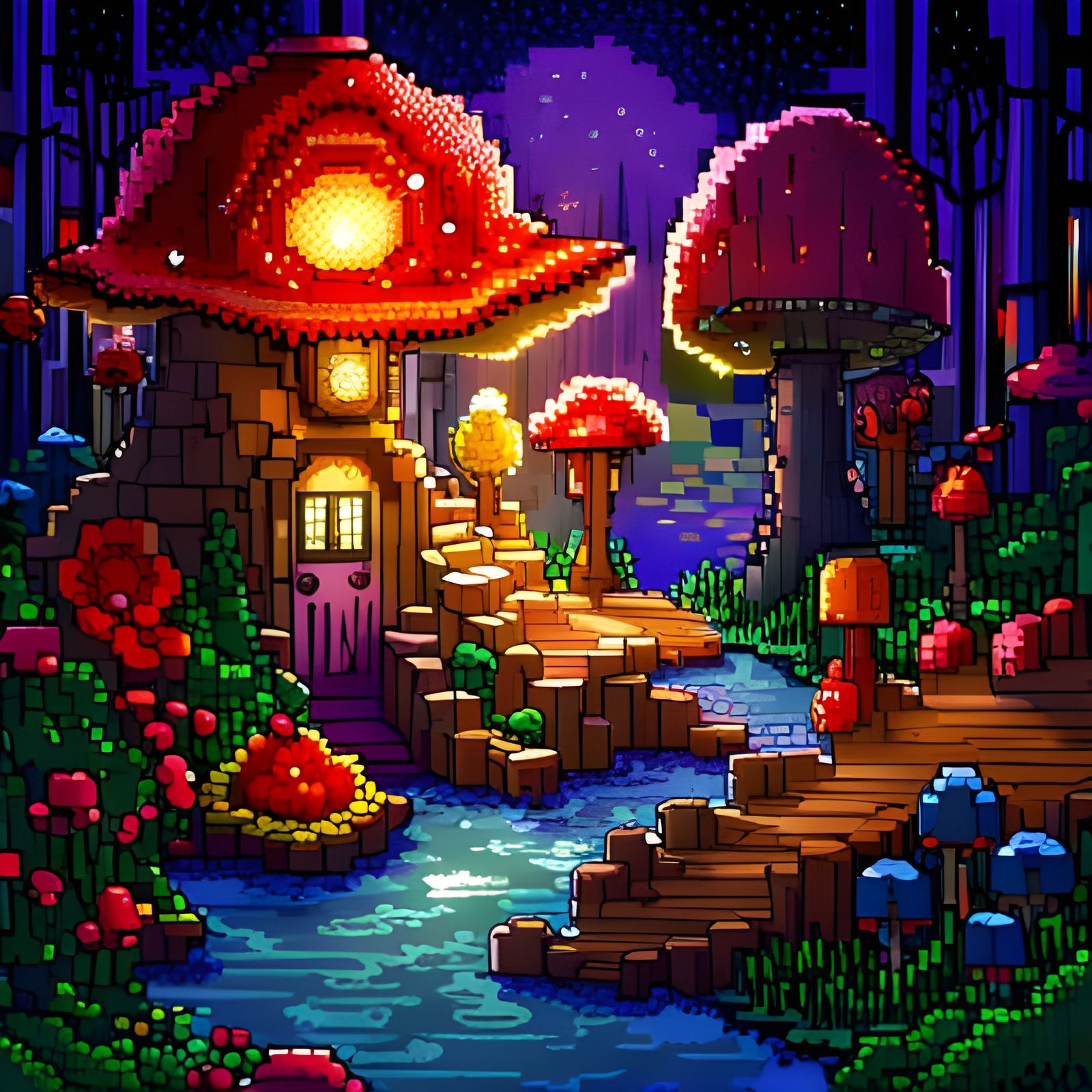 Enchanted Forest: 8-bit Pixel Art Mushroom Village