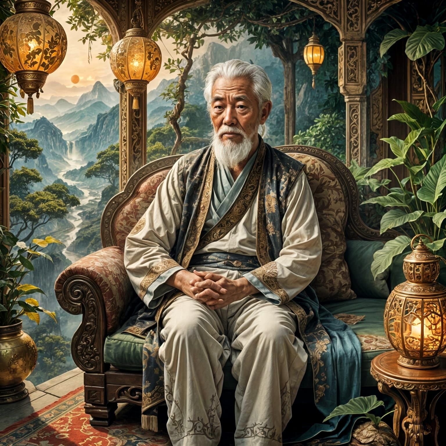 Contemplative Asian Grandfather in Cartoon Style