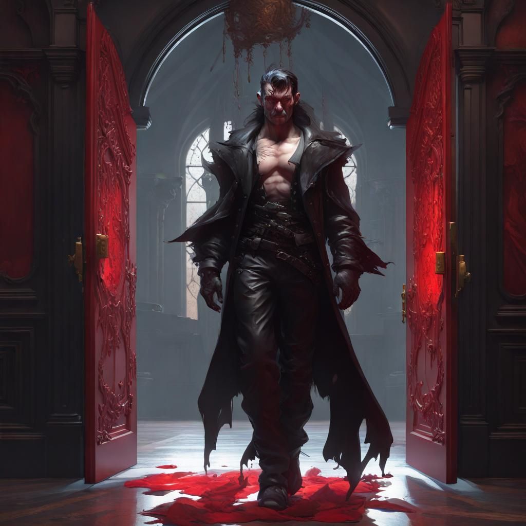 Gothic Portrait Behind a Crimson Door