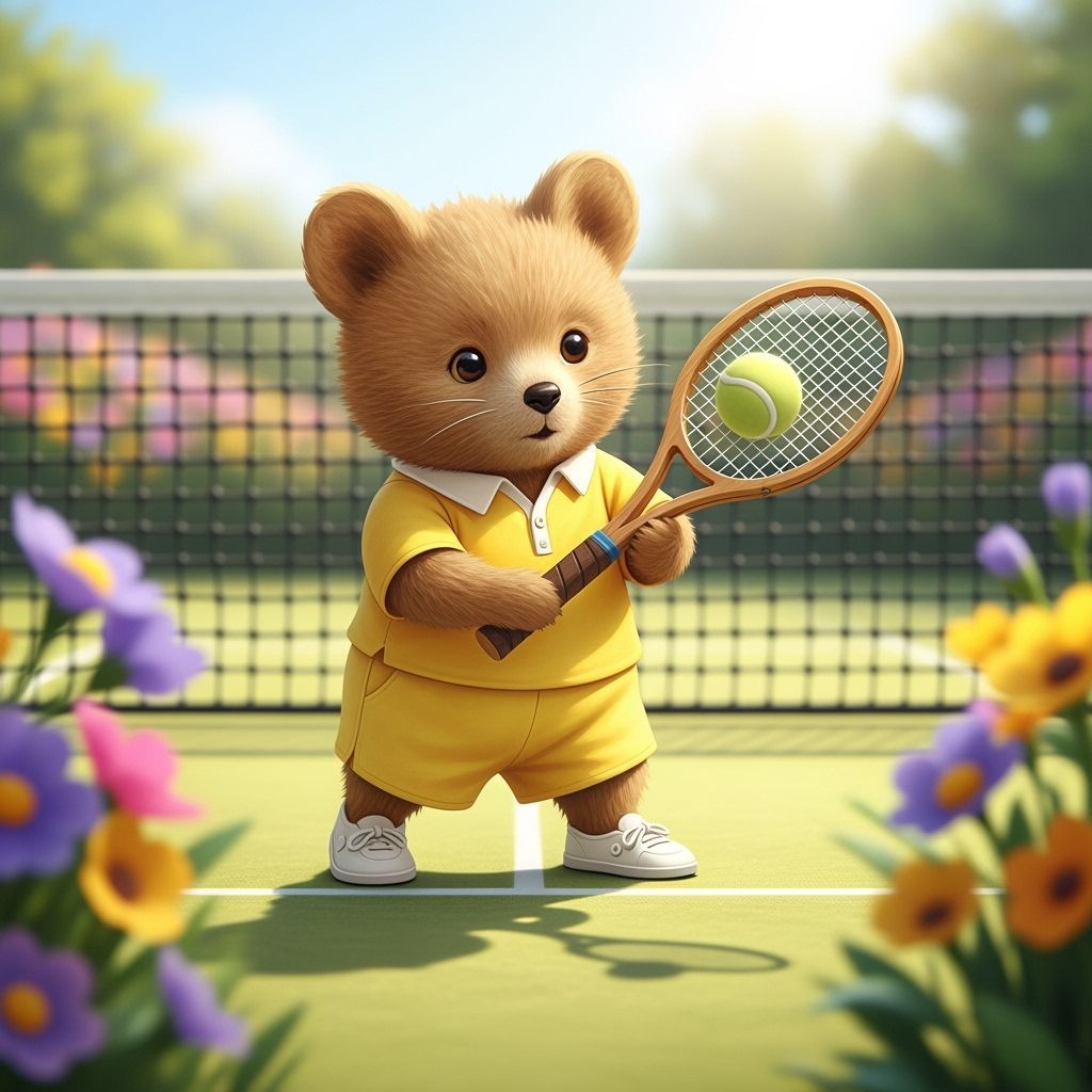 Bear Plays Tennis in Whimsical Children's Illustration Style