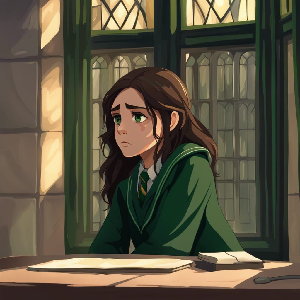 Sad Girl in Slytherin Uniform at Hogwarts