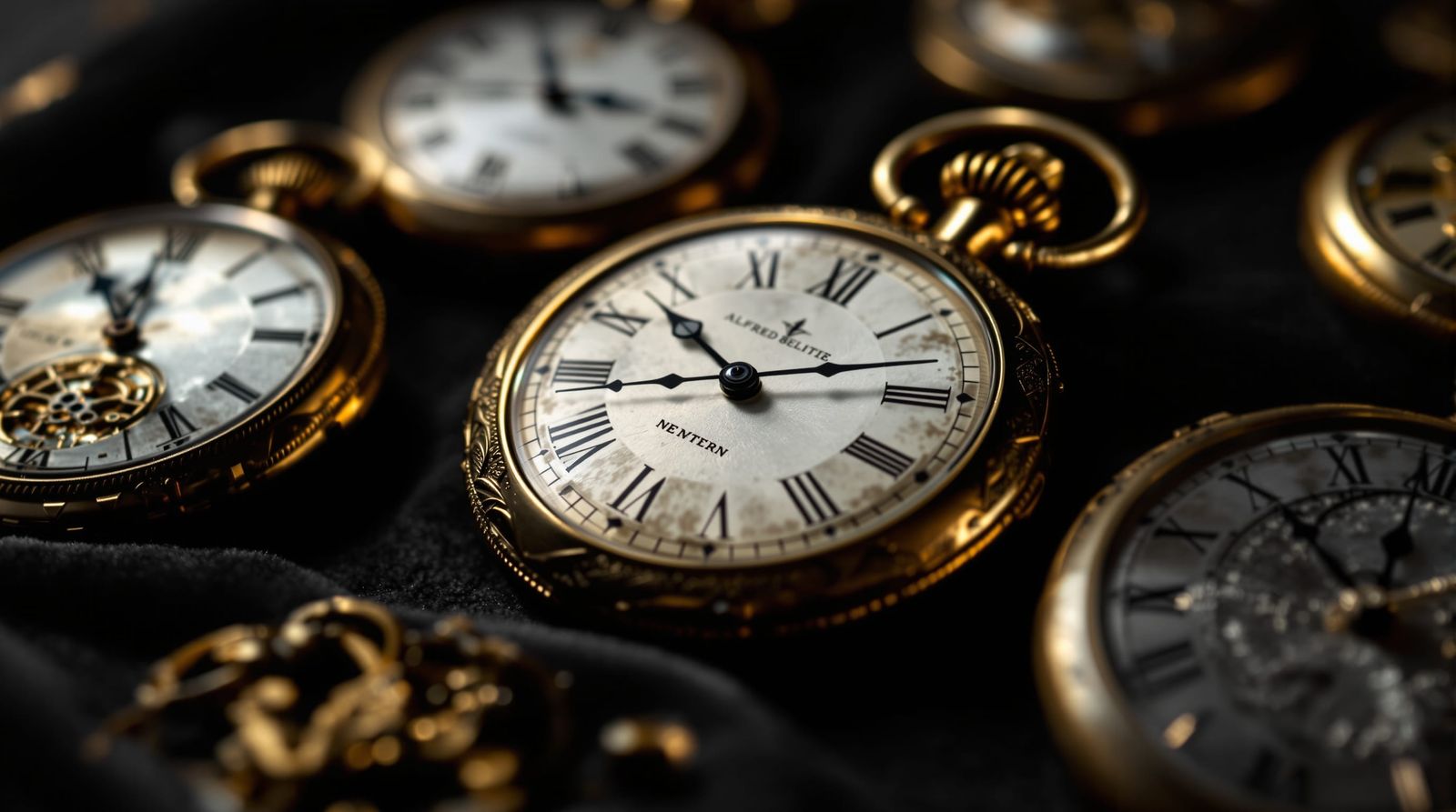 Antique Pocket Watch Collection Displayed Artfully