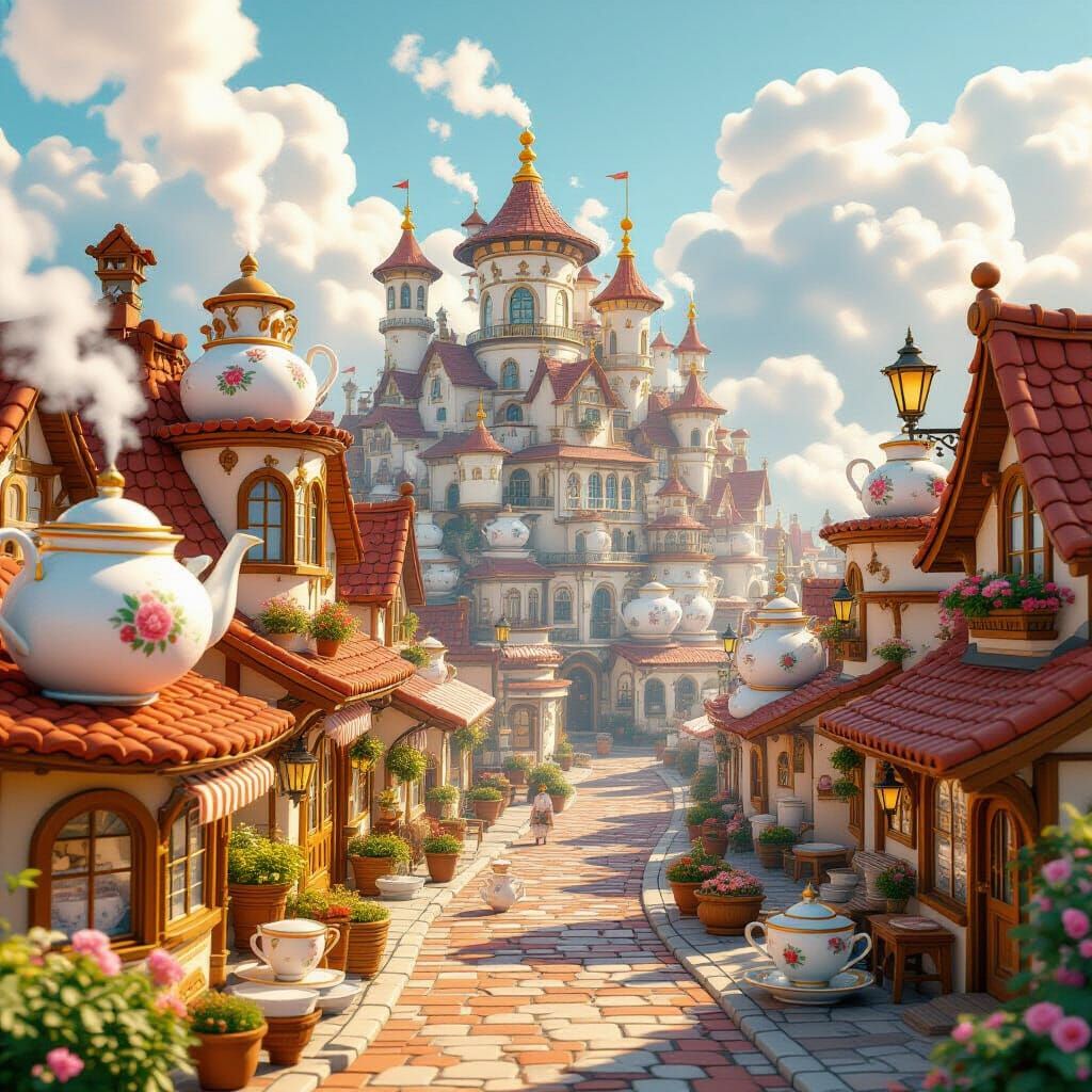 Whimsical Teapot City in Pastel Tones