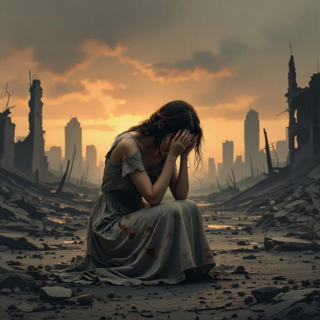 Woman in Grief Amidst Apocalyptic Cityscape