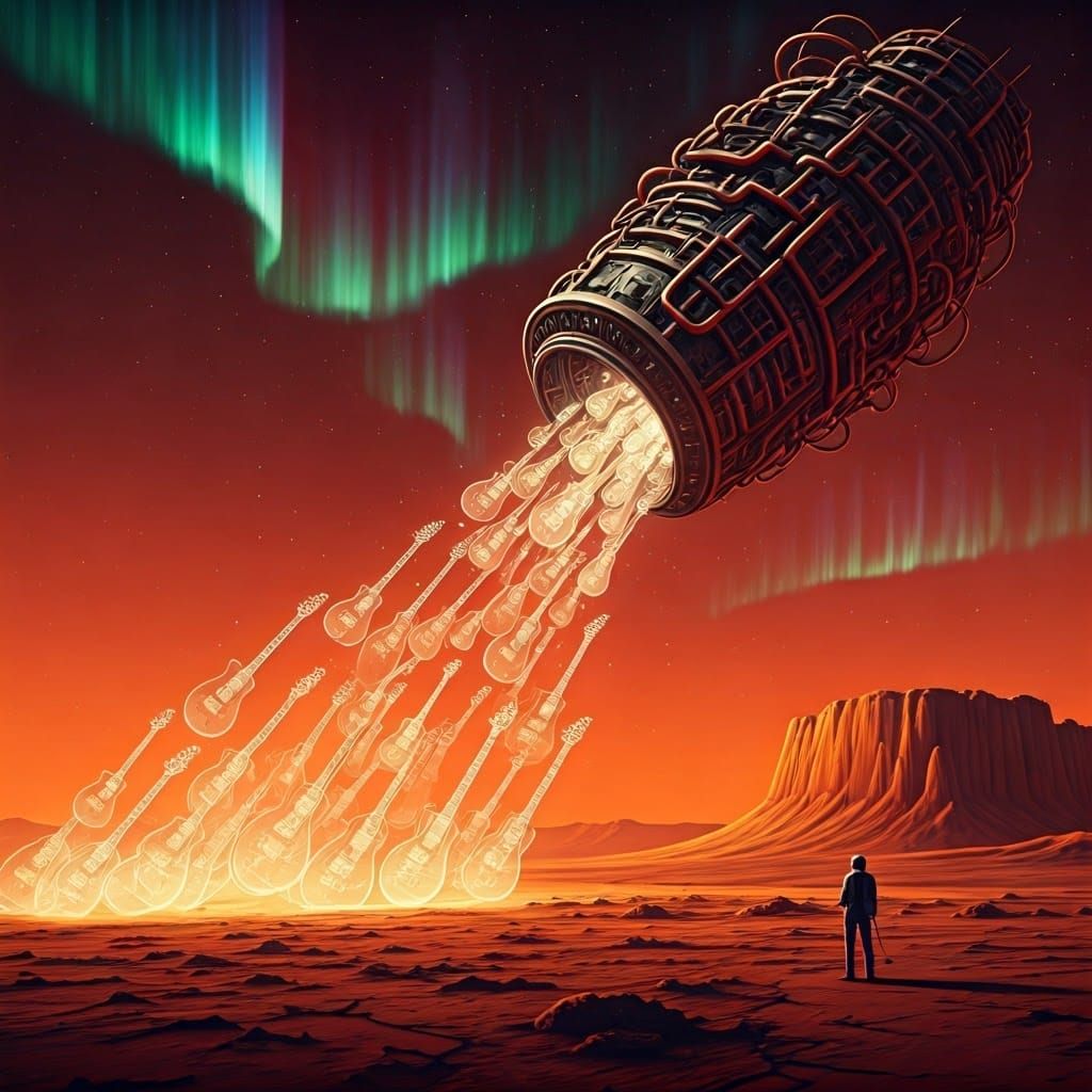 Mars Air Guitar Invasion in a Futuristic, Surrealist Landsca...