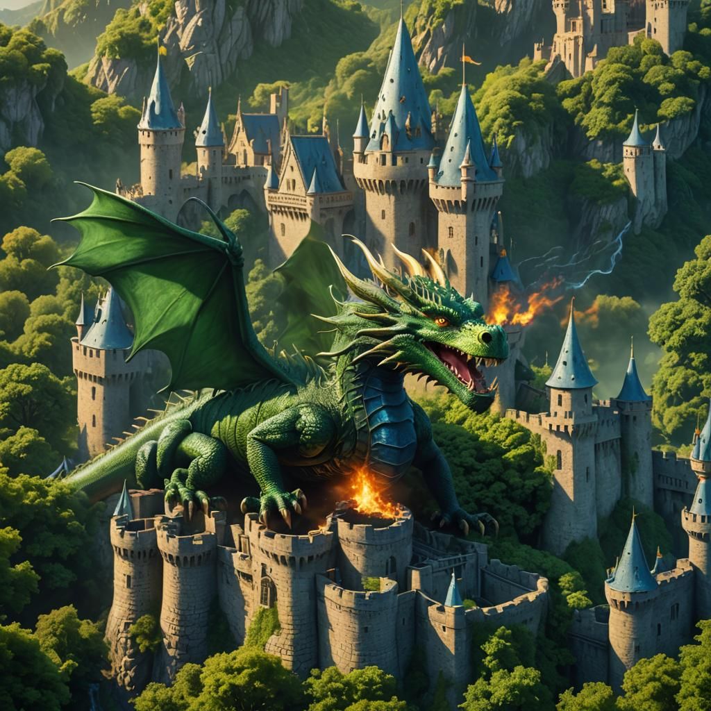 Green Dragon Spouts Fire at Green Castle