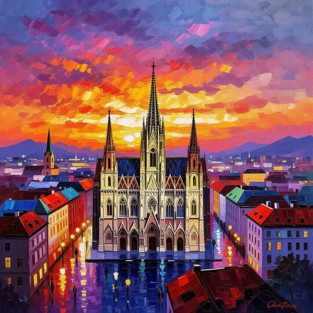 St. Stephen's Cathedral in Vienna Sunset Impasto Painting