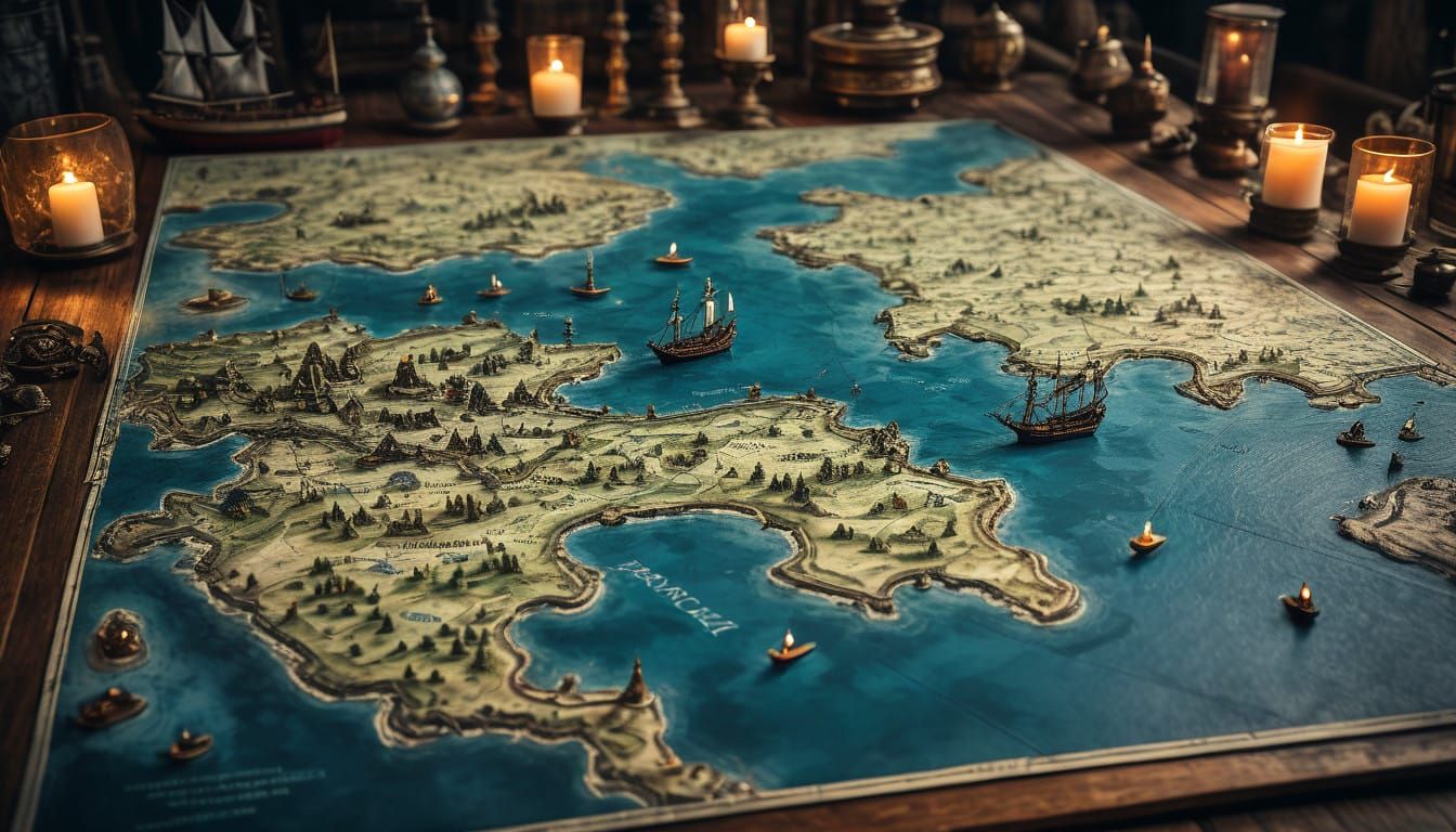 Hyperdetailed Fantasy Map Art with Vintage Wooden Desk and S...