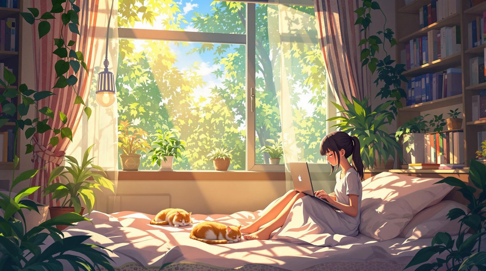 Girl Working with Cat: Anime-Inspired Serene Room